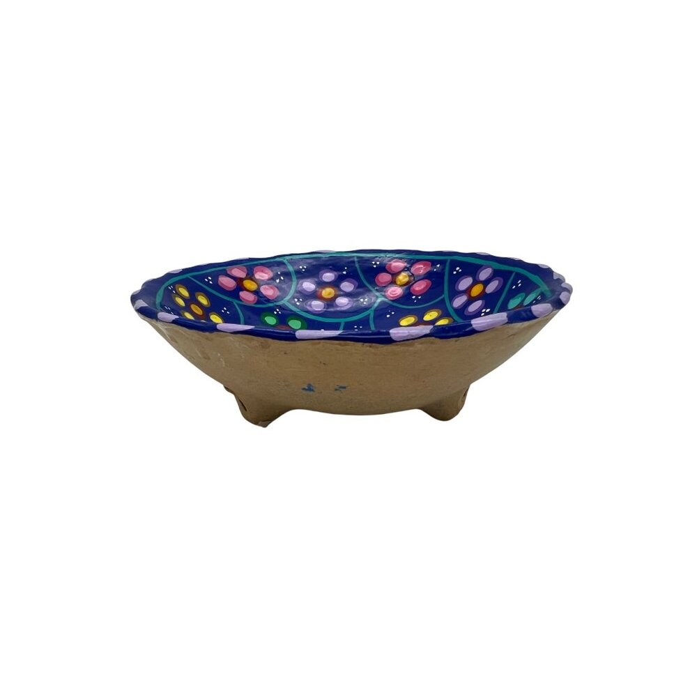 Hand Painted Tripod Bowl Mexican Folk Art Blue Terracotta Pottery 5.5" - Picture 3 of 6